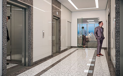 Perspectiva ilustrada do hall dos elevadores do andar tipo do Quota Corporate.